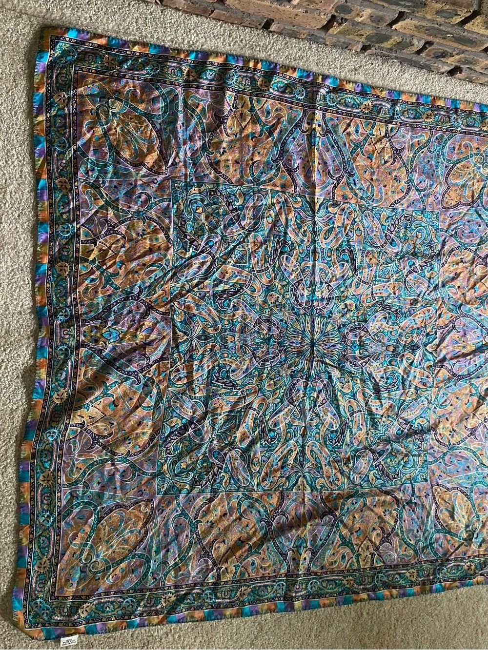 Silk Paisley Printed Scarf in Teal and‎ Gold - Women's Accessory 42x41